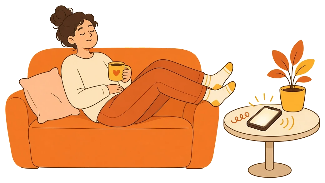Someone relaxing on a couch with a coffee while their phone handles a call
